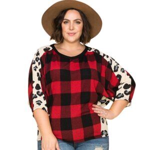 Plus Size Plaid + Leopard Dolman Top